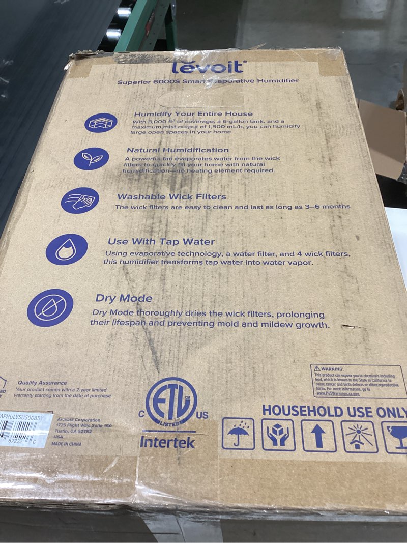 Condition photo showing As Is for LEVOIT Superior 6000S Smart Evaporative Humidifiers for Home Whole House up to 3000ft², 6 Gal, Last 72-Hour, Premium Filter, Dry Mode, Wheels & Water Fill Hose & Foldable Storage - Quiet Sleep Mode Evaporative Humidifier 23L