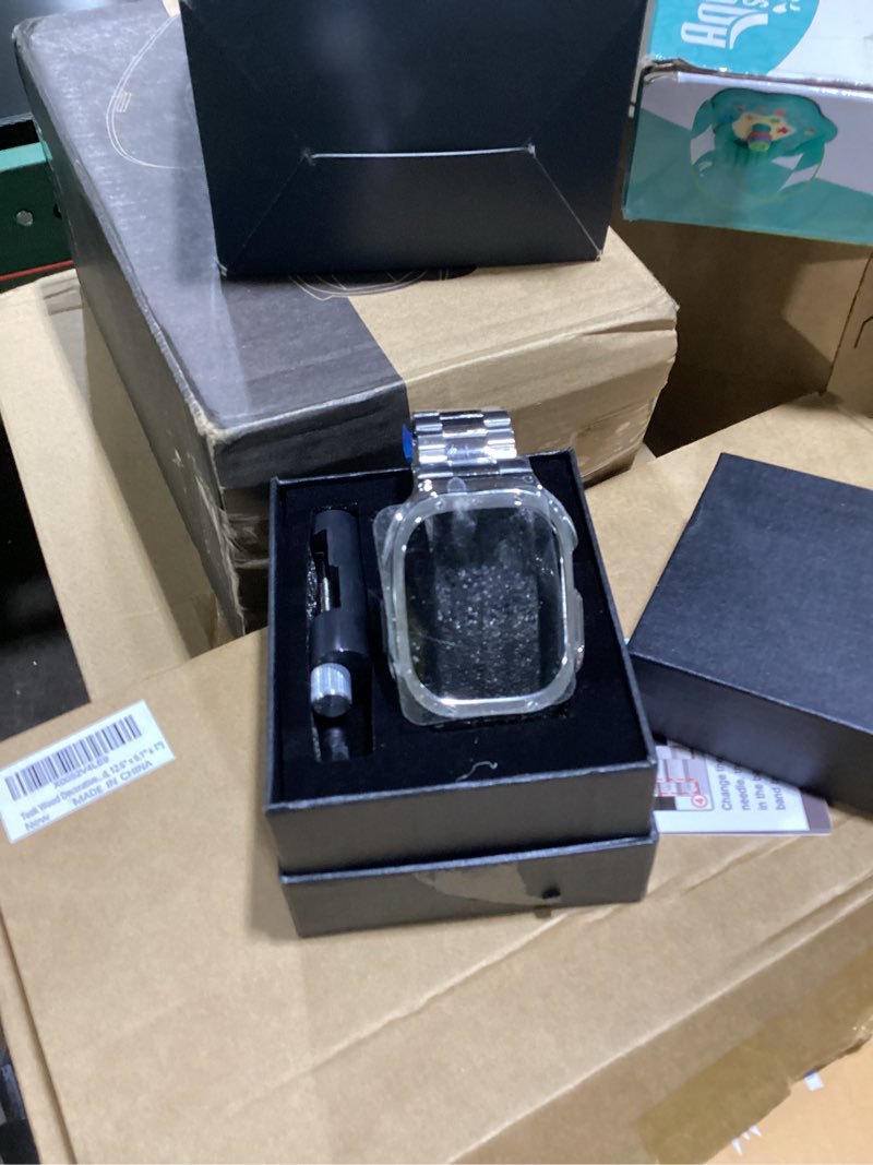 Condition photo showing New/Like New for miohhr stainless steel band and case compatible with apple watch band 49mm, men metal protective bumper cover for iwatch series ultra 3/2/1, silver