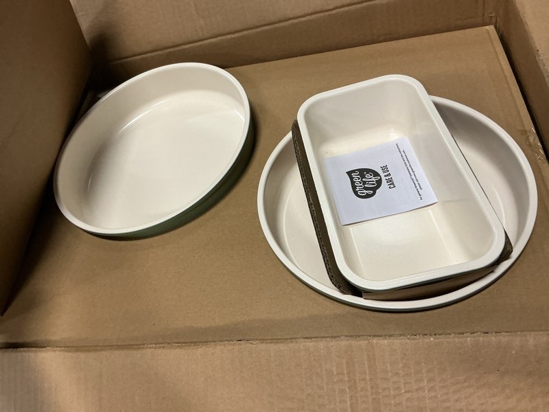 Condition photo showing Good Condition for greenlife 6 piece nonstick bakeware set, non-toxic pfas-free ceramic oven pans, dishwasher & oven safe to 450°f, easy release baking sheet, loaf pan, rectangle & round cake, muffin pan, sage 6 piece bakeware set sage