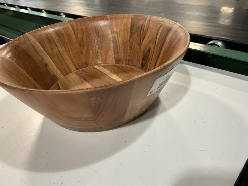 Condition photo showing As Is for better homes & gardens- acacia wood large angled serving bowl, natural finish