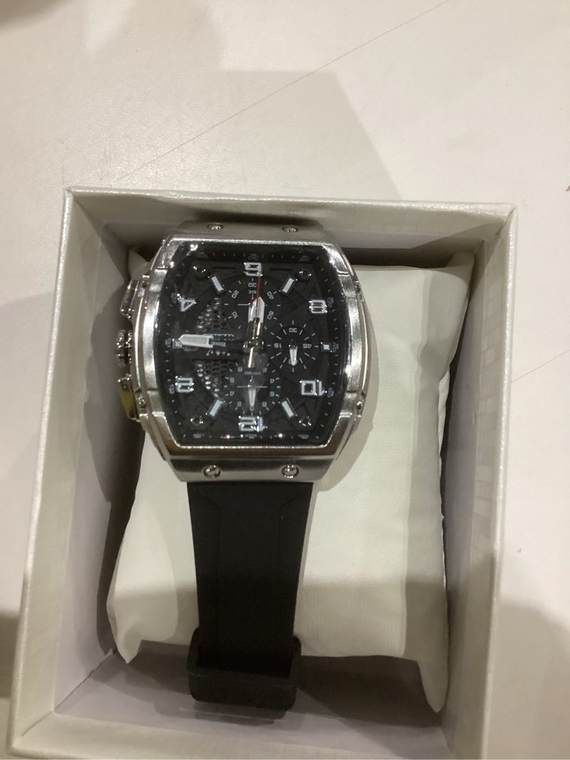 Condition photo showing Good Condition for OLEVS Mens Watches Stylish Chronograph Waterproof Luminous Silicon Strap Multifunction Watches for Men Business White Men Wrist Watch silver black watch 76