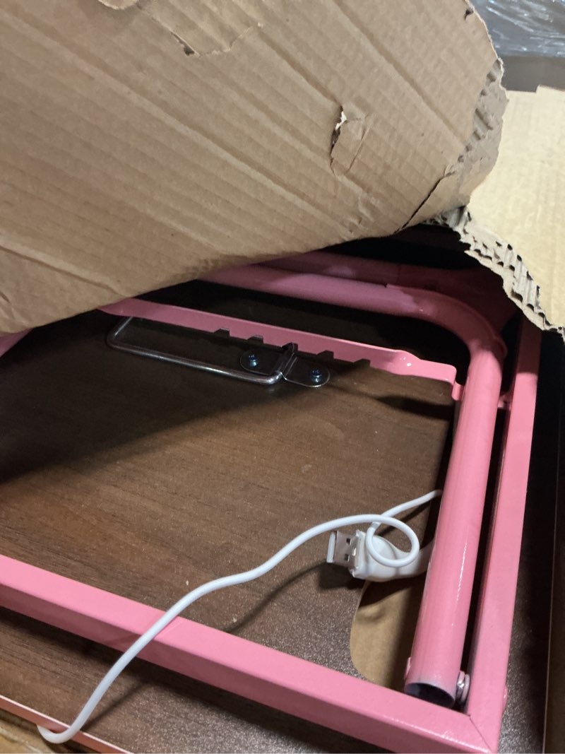 Condition photo showing Good Condition for laptop bed desk, adjustable lap desk, small laptop table with usb charge port, desktop card &pen slot, cup holder, foldable bed tray table for couch sofa chair floor eating working adjustable pink