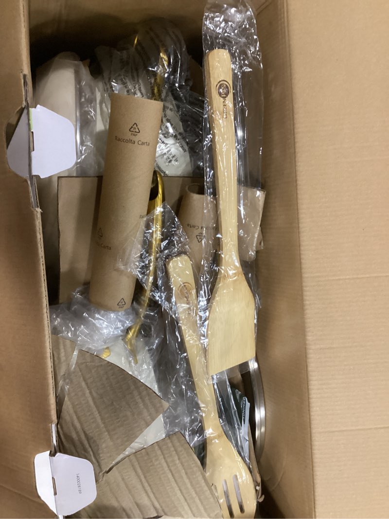 Condition photo showing New/Like New for GreenPan 12 Piece Nonstick Swift Cookware Set, Ceramic PFAS-Free Pots & Pans with Lids, Dishwasher & Oven/Broiler Safe to 600F, Kitchen Cooking Set, Sauce, Saute, Stock, Frying Pans, Cream Cream 12 Piece Cookware Set Gold-Tone Handle