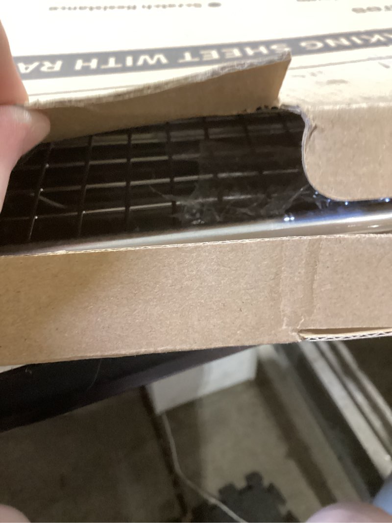 Condition photo showing As Is for 24 inch baking sheet pans with rack set, natural aluminum cookie sheet, extra large commercial quality baking sheet pan set, warp resistant nonstick thick cookie tray pans for baking, roasting