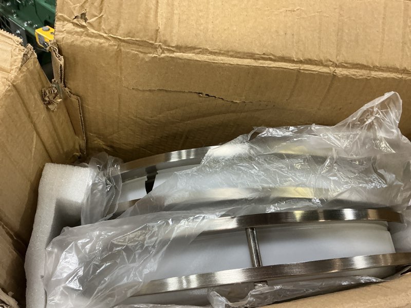 Condition photo showing As Is for hykolity 16 inch Dimmable LED Flush Mount Ceiling Light Fixture, Nickel, 36W, 2200LM, 2.7/3/3.5/4K/5K Adjustbale, 120°Light Angle, CRI90, Ceiling Lamp for Bedroom, Kitchen, Office, ETL Listed 2Pack Brushed Nickel 16 inch