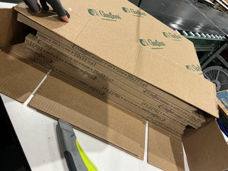 Condition photo showing As Is for 20 x 22 1/4 x 1 fiberglass air filters, 6-pack, ac & furnace, glasfloss | double-strut design for 10% greater open area; heavy-duty craftboard frame; disposable, no metal parts; made in usa