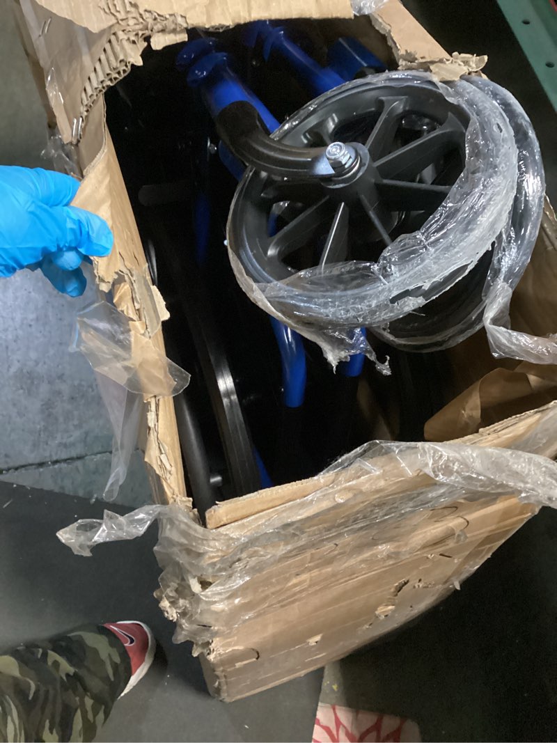 Condition photo showing New/Like New for Drive Medical Blue Streak Lightweight Foldable Wheelchair - Enhanced Mobility Support - Durable Construction - Padded Comfort - Swing-Away Leg Rests - Desk Arms - Blue/Black - 20 Inch Seat