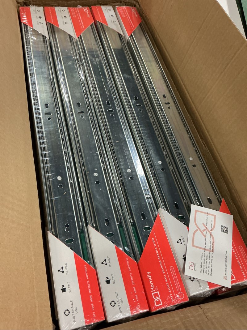 Condition photo showing New/Like New for homdiy 10 pairs soft close drawer slides 22 inch heavy duty side mount dresser cabinet rails metal ball bearing and full extension kitchen cabinet drawer runners 100 lb capacity 22 inch 10 pairs