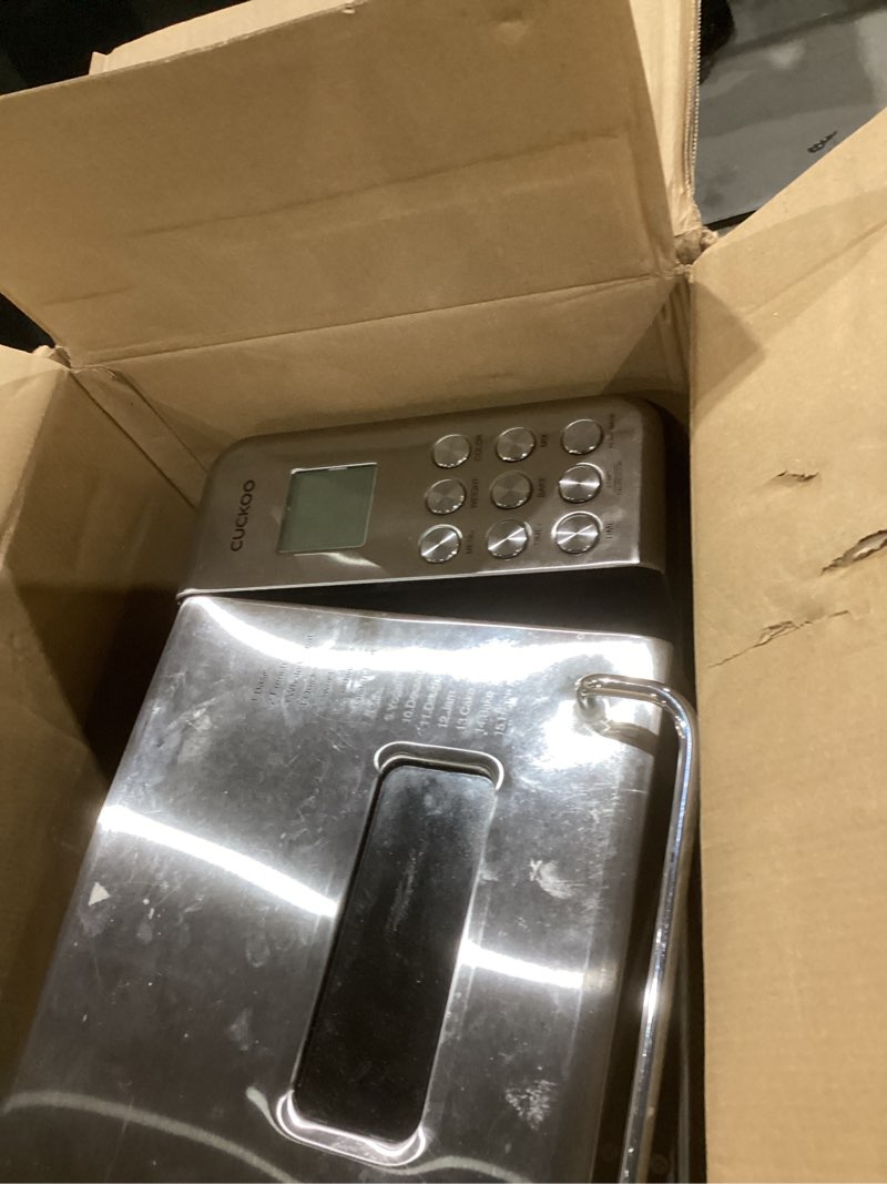 Condition photo showing As Is for cuckoo bread maker machine with 15 menu options + 3 crust colors, 2 lbs bread machine with automatic fruit & nut dispenser, includes 6 accessories, ideal breadmaker for sourdough (cbm-aab101s)