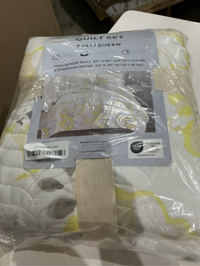 Condition photo showing Good Condition for great bay home floral full/queen quilt set with shams, yellow floral bedding set, all-season, lightweight bedspread. reversible. farmhouse bedding. (full/queen, helene) full / queen 07 - yellow grey watercolor