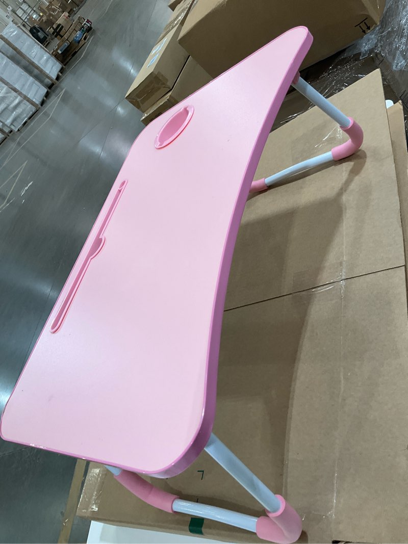 Condition photo showing As Is for Laptop Bed Table, Foldable Laptop Desk Bed Tray with Storage Drawer, Lap Desk TV Tray for Breakfast Serving, Notebook Stand Reading Holder with Phone Slot and Cup Holder for Sofa Couch Floor-Pink