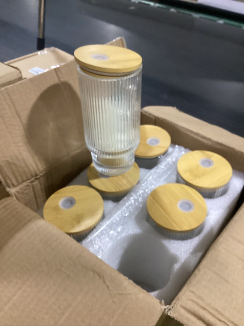 Condition photo showing New/Like New for 6 pcs 16oz ribbed glass cups with bamboo lids, stackable, suitable for coffee, juice, cocktails, beer 6pcs-16oz