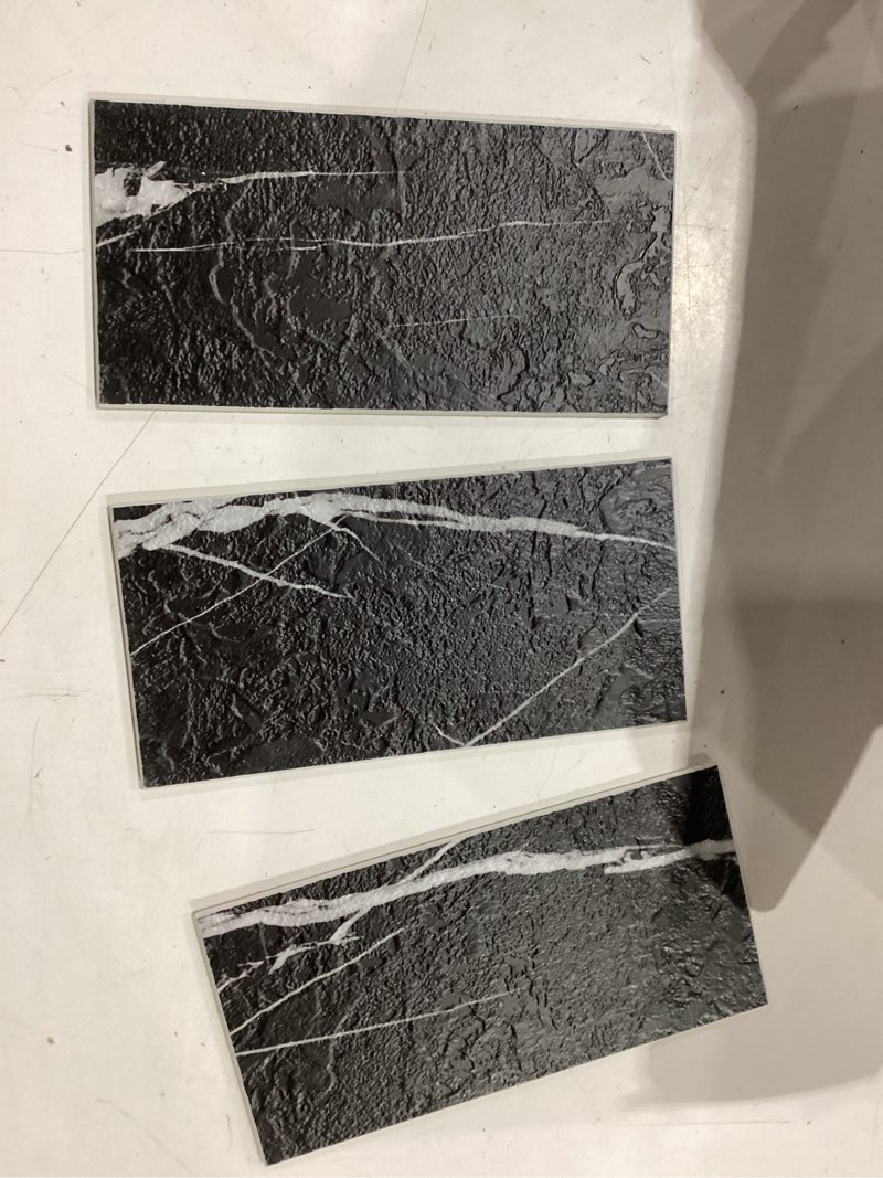 Condition photo showing New/Like New for art3d 102-piece faux stone peel and stick backsplash tile, waterproof thick pvc stick on subway wall tile for kitchen bathroom laundry room fireplace - 3" x 6" black marble 3" x 6“ black marble 102