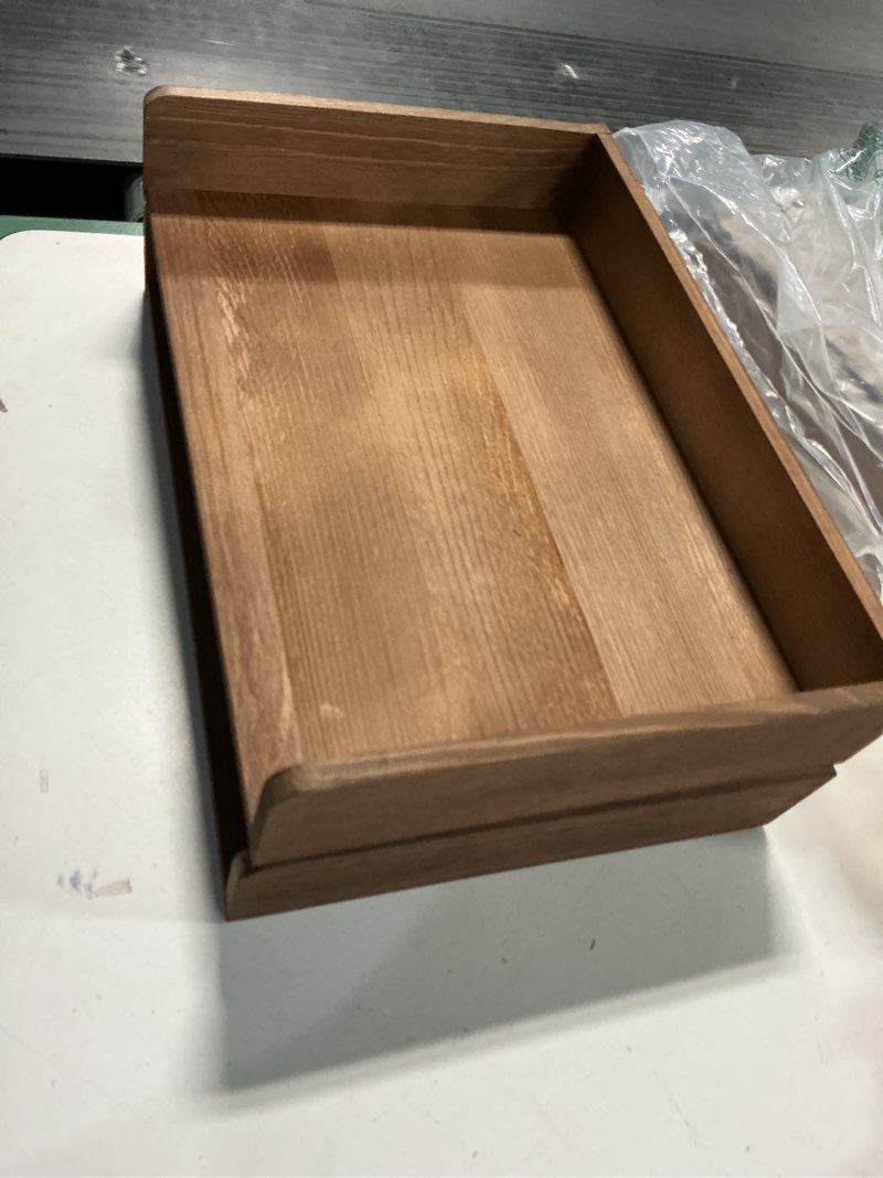 Condition photo showing As Is for PROLEE Wooden Paper Tray Organizer for Desk,Stackable Paper Holder and Letter Tray,4-Tier Desktop File Storage Rack for Study,Home and Office(Walnut,14" x 9.5" x 2.5")