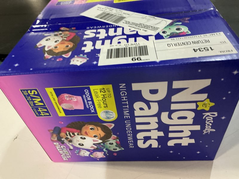 Condition photo showing New/Like New for rascals night pants, absorbent girls nighttime bedwetting underwear, gabby's dollhouse, s/m (38-70 lbs), 44 count