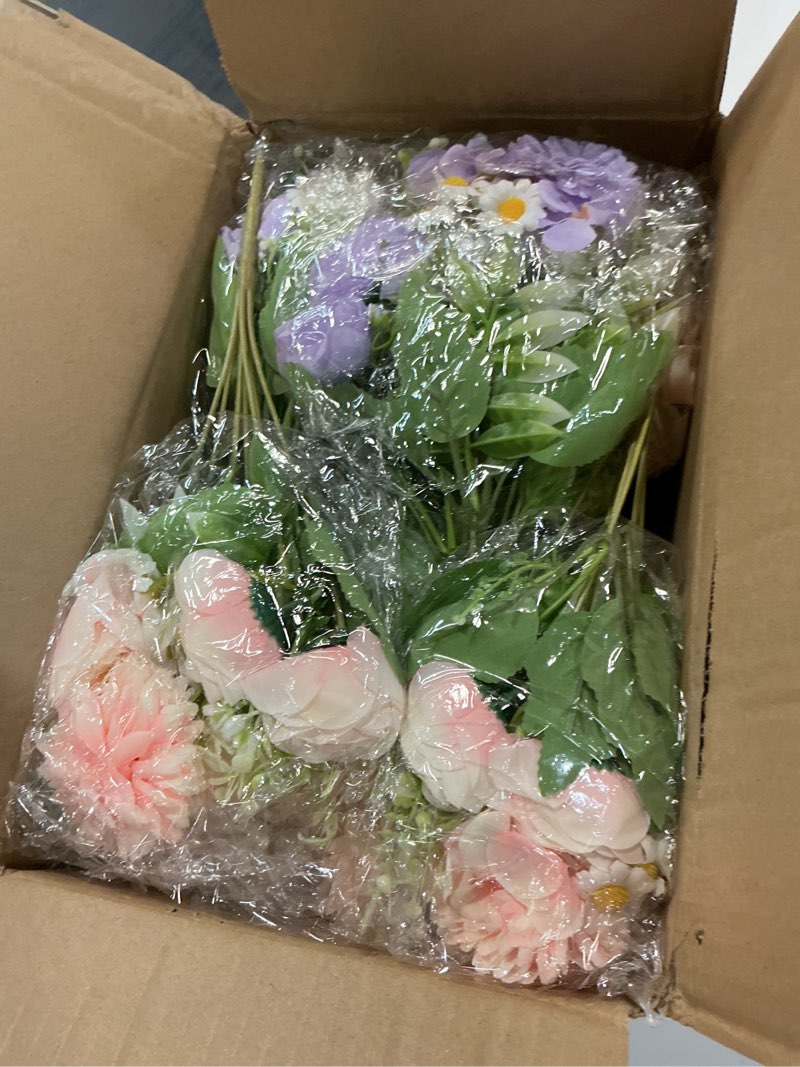 Condition photo showing New/Like New for tigeen 12 pcs bundles artificial bouquet flowers artificial peonies faux roses hydrangea flowers bouquet for wedding table centerpiece floral vase decor (pink,purple) pink,purple 12
