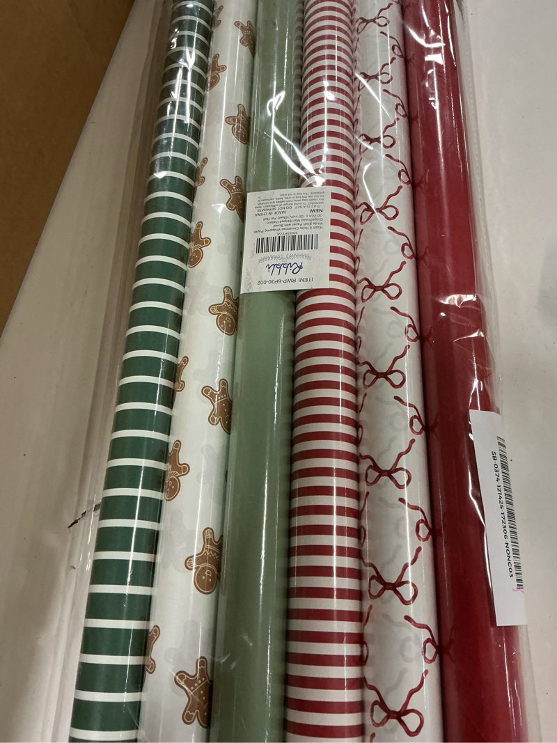 Condition photo showing Good Condition for Hallmark Rustic Christmas Wrapping Paper Rolls with Cutlines on Reverse (6 Rolls: 180 Sq. Ft. Total) Red Barn, Truck, Sled, Black Plaid, Gray and Stripes