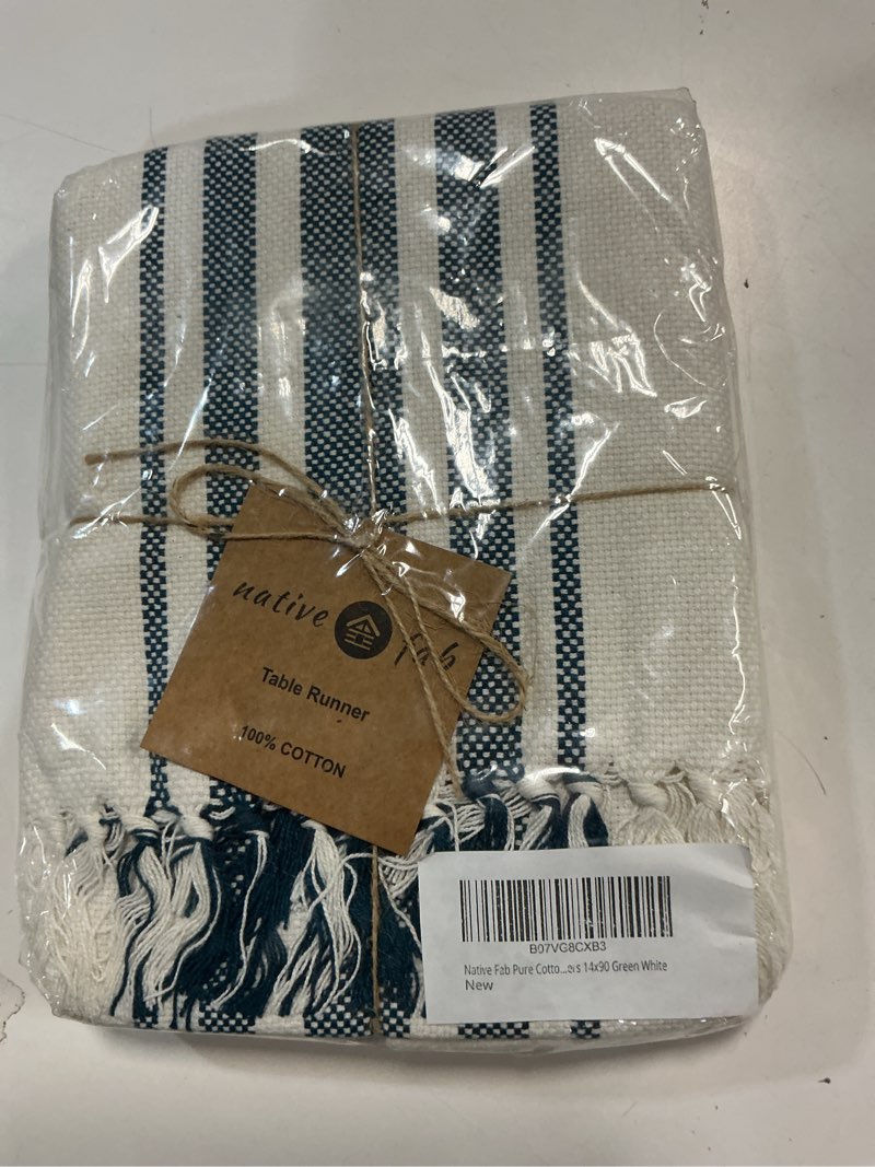 Condition photo showing New/Like New for native fab teal table runner 90 inches long - boho stripe table covers with fringes - 100% cotton, tight weave, nonslip tablerunner for dining, dresser, wedding, events - teal green (14x90 inches) green white 14x90