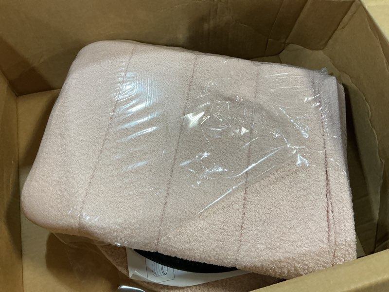 Condition photo showing Good Condition for 18" tall round boucle storage ottoman, sherpa teddy fabric ottoman footstool with wooden tray reversible lid, folding footrest with storage for living room, bedroom, dorm, pink 16.9"d x 16.9"w x 17.7"h pink