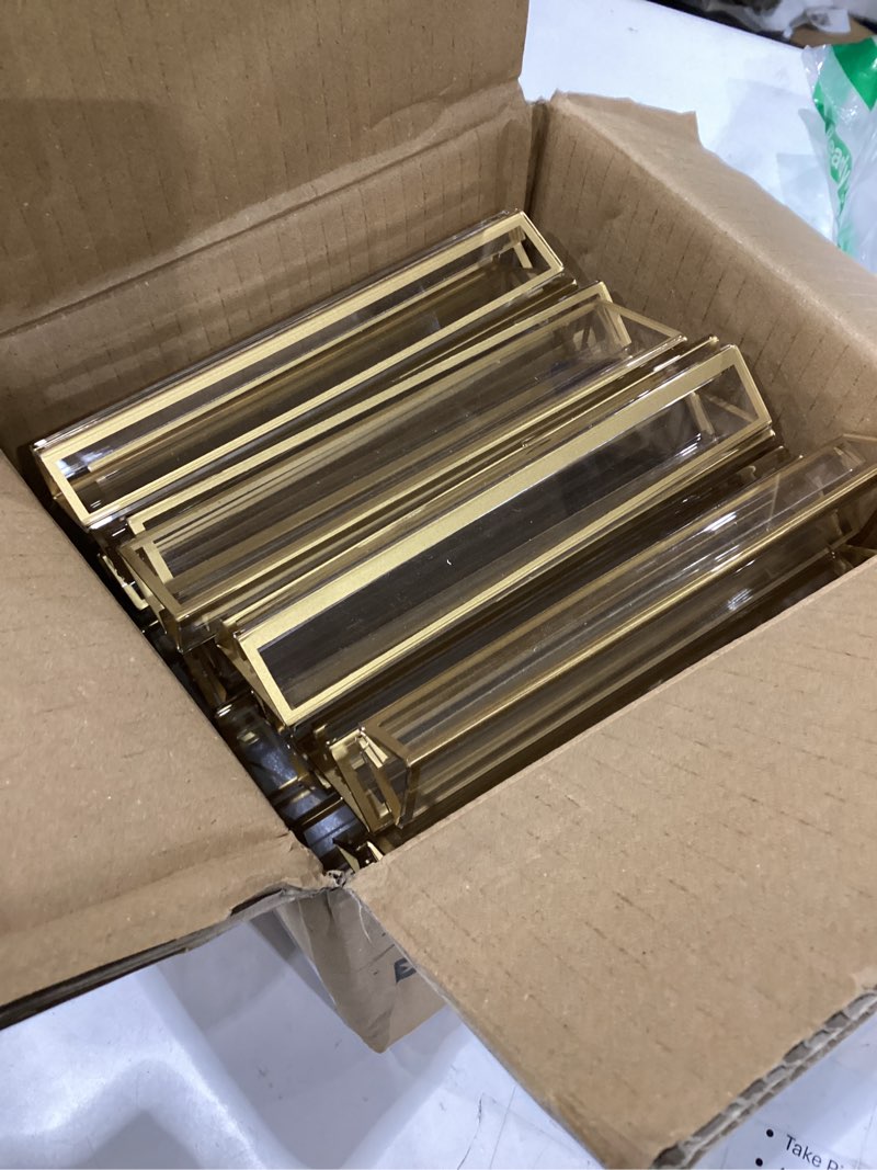 Condition photo showing Good Condition for ehwine 12 pack acrylic sign holder 5 x 7 horizontal, double-sided stand up table top sign holders, gold acrylic picture frame menu flyer paper holder display stand for office business store wedding party 12 pack 7×5 inch