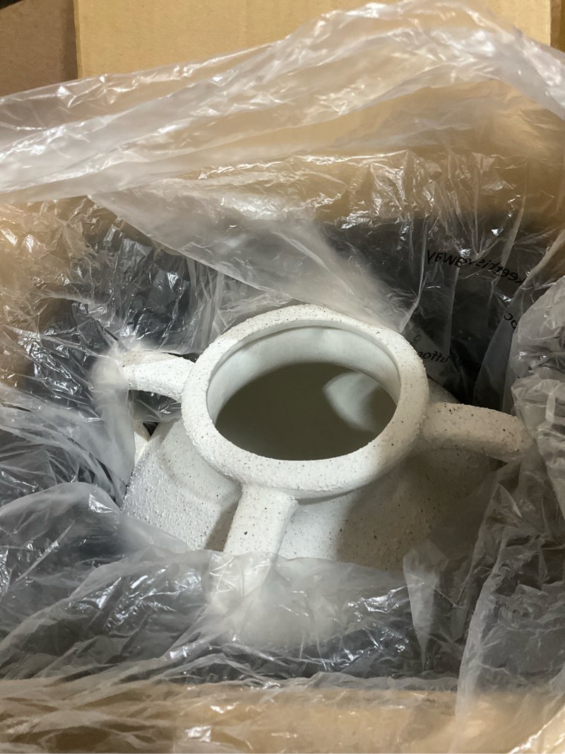 Condition photo showing Good Condition for large white ceramic vase - 10.8 inch rustic farmhouse vase with handles for home decor, vintage tall vases for living room, table, bathroom, holiday & weddings (rock sand white) rock sand white-10.8"
