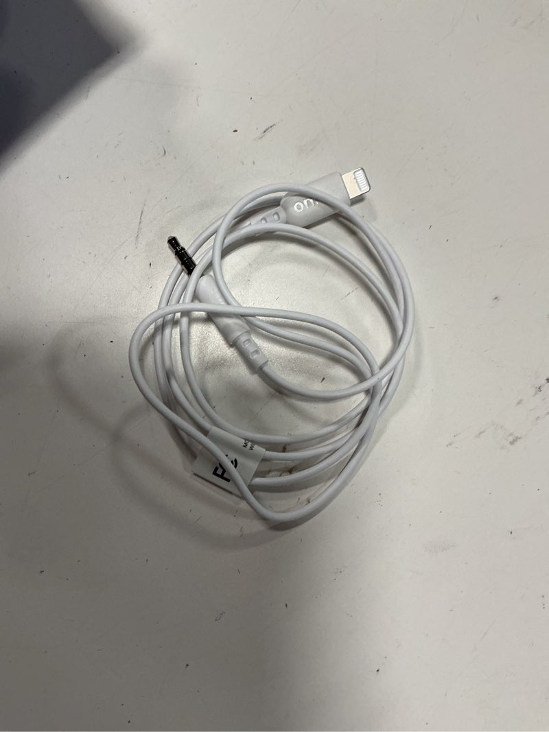 Condition photo showing As Is for onn 3' lightning to 3.5 mm audio aux cable for iphone ipad, mfi certified, white - compatible with iphone 14/13/12/11/x/xr/xs/8/7/6/5, ipad, and more