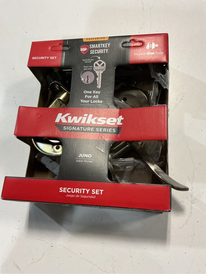 Condition photo showing As Is for kwikset juno satin nickel exterior entry door knob and single cylinder deadbolt combo pack featuring smartkey security
