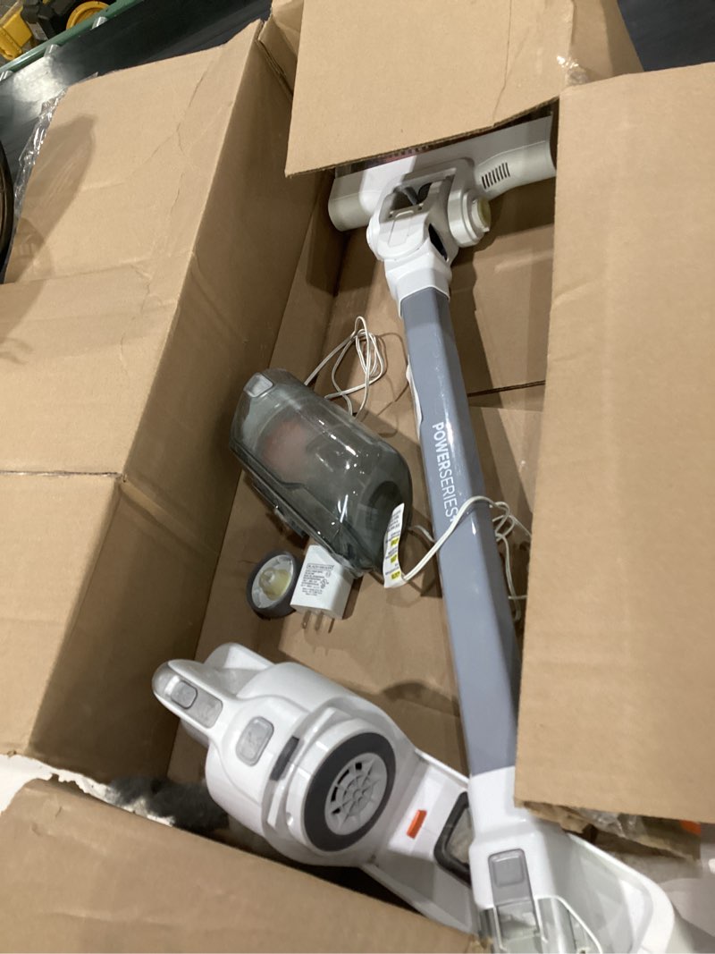 Condition photo showing As Is for black+decker powerseries+ 20v max cordless stick vacuum cleaner with led floor lights, bagless, lightweight, cordless vacuum cleaners for home, up to 44 minutes, powerful suction, gray (bhfea520j) 20v vacuum, not tested, incomplete