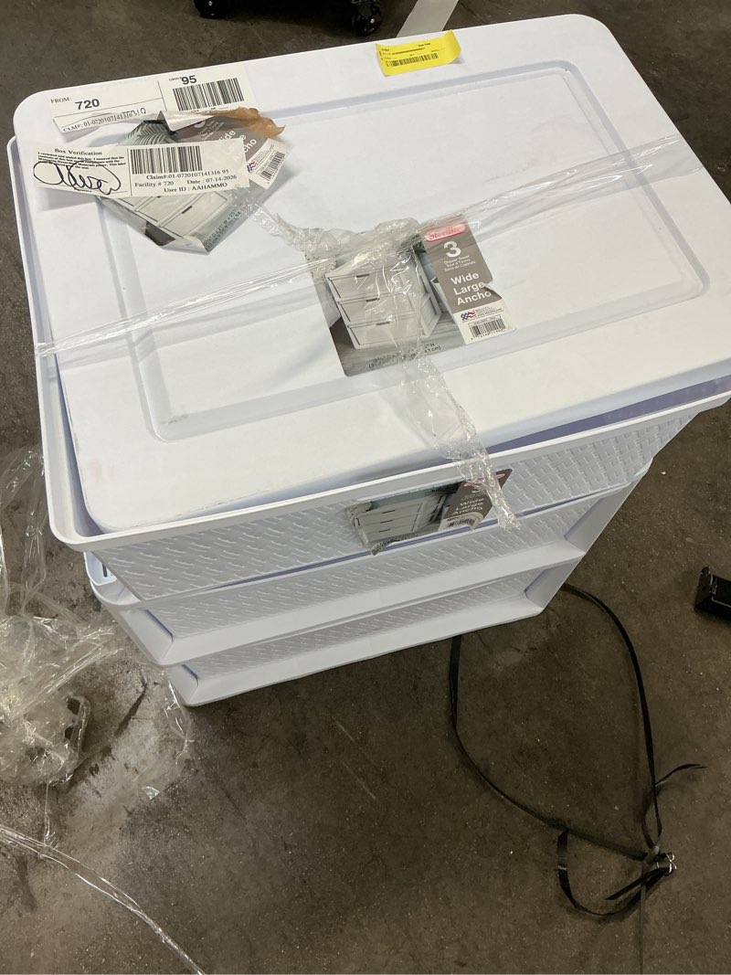 Condition photo showing As Is for sterilite wide 3 drawer tower, plastic storage organizer with removable decorative bins, easy assembly, no tools needed, white