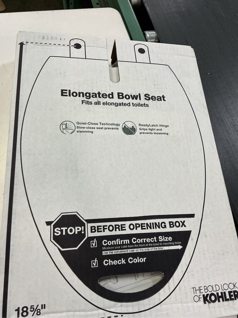 Condition photo showing New/Like New for kohler 4636-rl-0 cachet readylatch elongated slow close toilet seat, soft close toilet seat quiet lid, contoured grip-tight bumpers installation hardware, apartment essentials, white white elongated ready latch