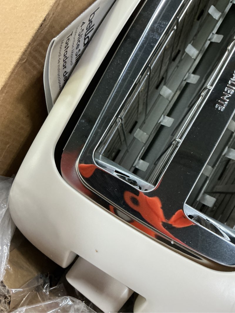 Condition photo showing As Is for bella 4 slice slim toaster, fits-anywhere™ kitchenware, 6 setting shade control with reheat & cancel buttons, fits sourdough, 10” long slot, anti jam & auto shutoff, 900 watt, oatmilk 4 slice oatmilk