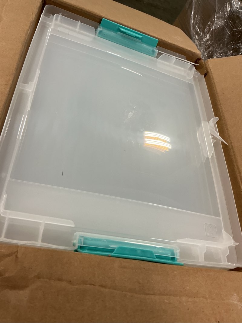 Condition photo showing As Is for IRIS USA 12 Qt. Plastic Storage Bins Containers with Lids, 4 Pack, Small Sensory Bin, Craft Storage, Craft Organizers & Storage, Organizing Container for Home, Office & Art Supplies, Stackable, Clear 12 Qt. - 4 Pack