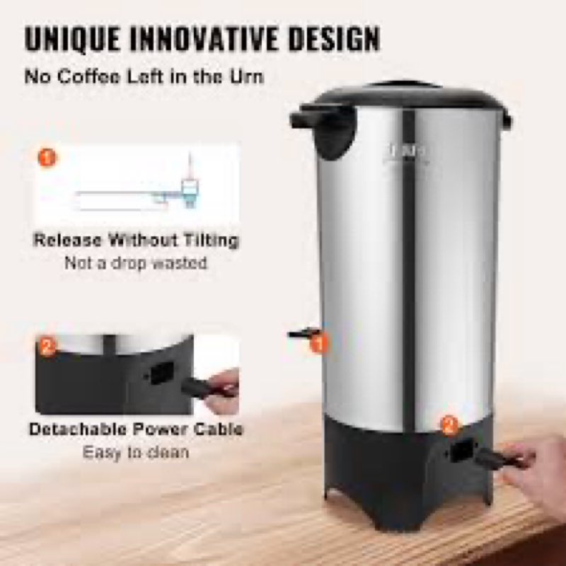 VEVOR Commercial Coffee Urn, 50 Cups/7.5L Stainless Steel Large Coffee Dispenser, 1000W 110V Electric Coffee Maker Urn For Quick Brewing, Hot Water Urn with Detachable Power Cord for Easy Cleaning