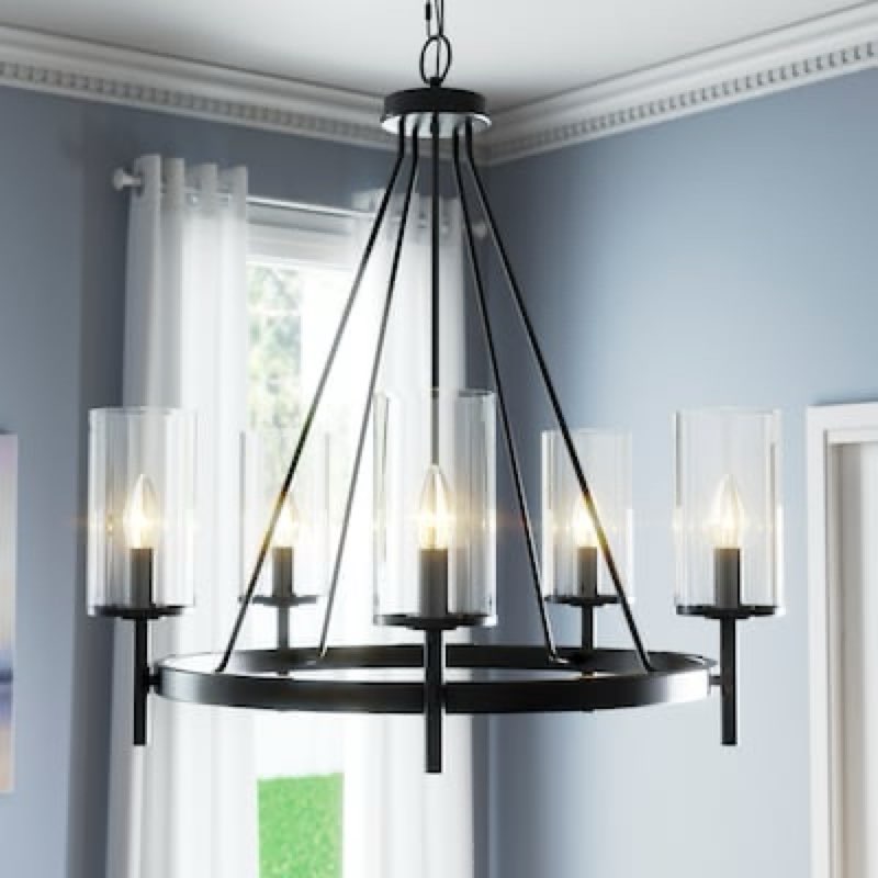 progress lighting strahan 5 -light black clear glass steel chandelier