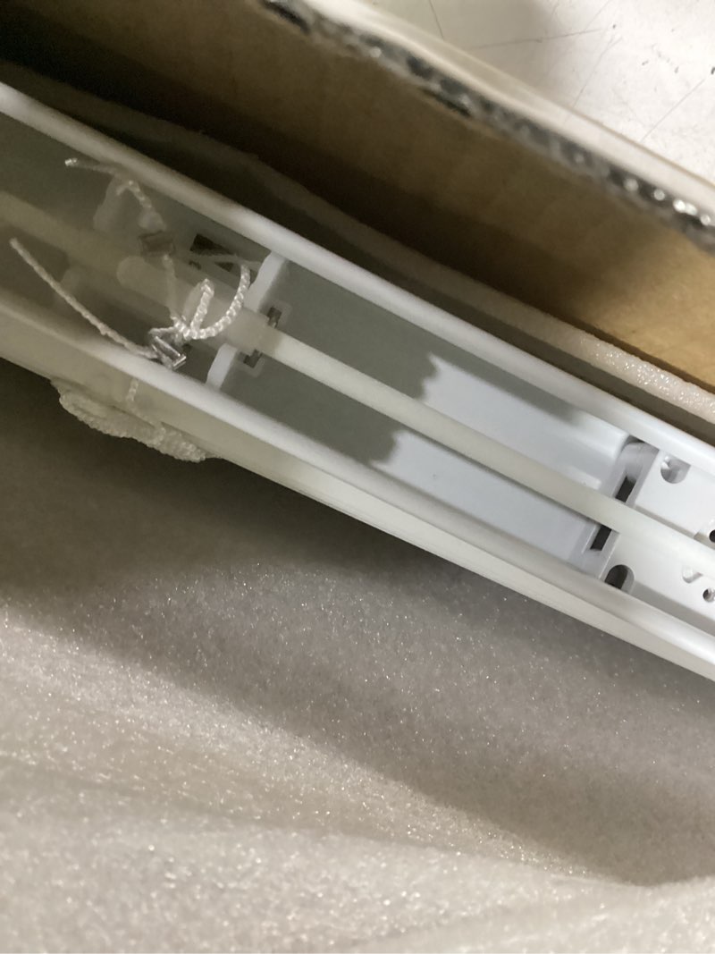 Condition photo showing As Is for myshade no-drill cordless horizontal mini blinds – 20" w x 64" h tool-free inside mount window blinds with 1" vinyl slats, light filtering & privacy, child & pet safe, white cordless-white 20"w x 64"h