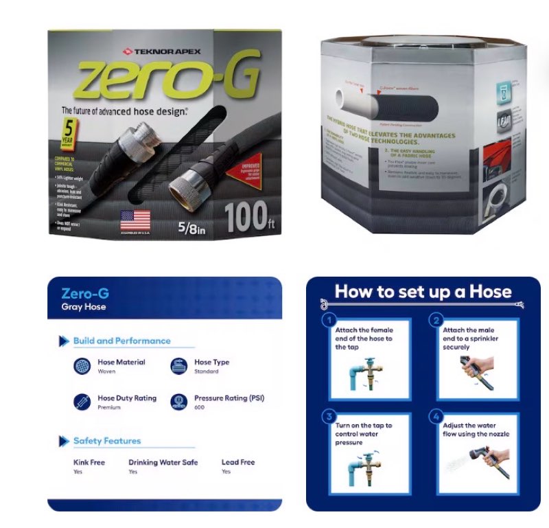 zero-g teknor apex 5/8-in x 100-ft premium -duty kink free woven gray hose