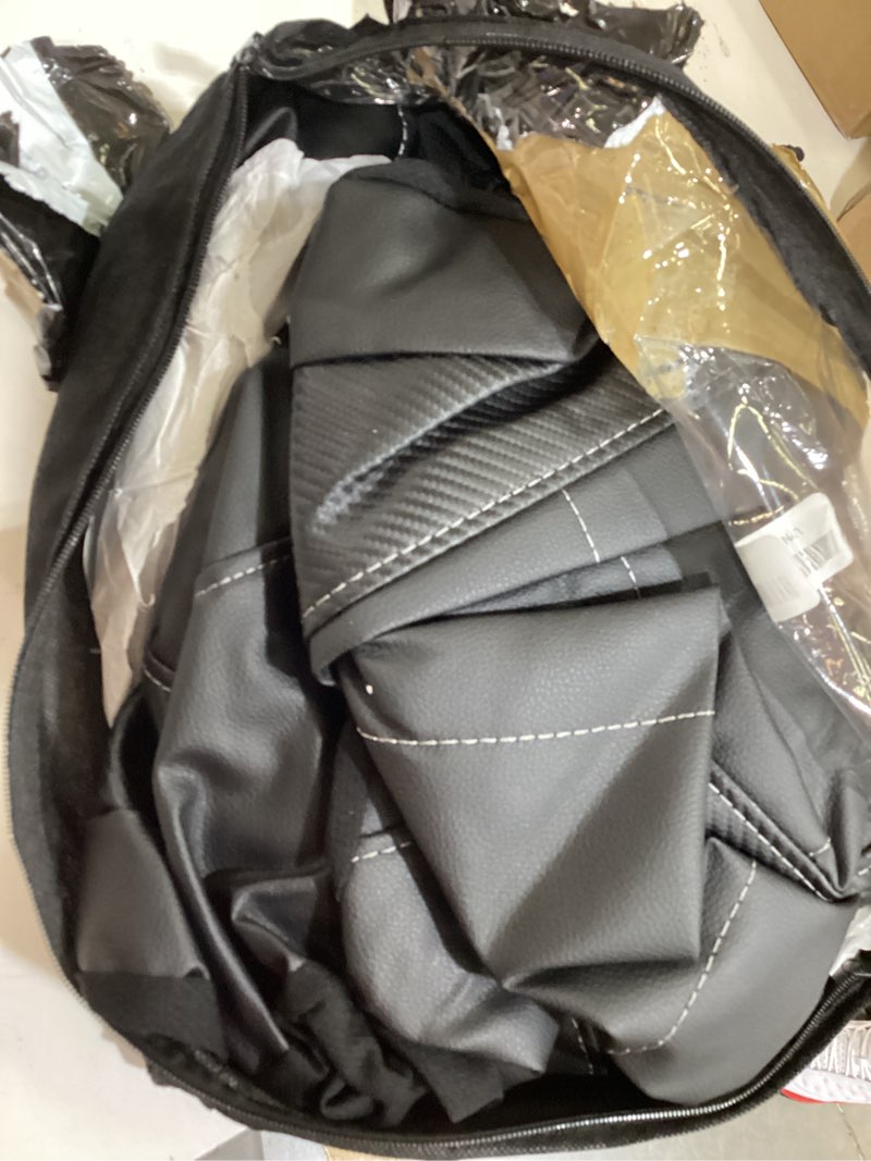 Condition photo showing As Is for flying banner car seat covers protects water proof faux leather carbon fiber front and rear bench (black black, full set - 9pcs)