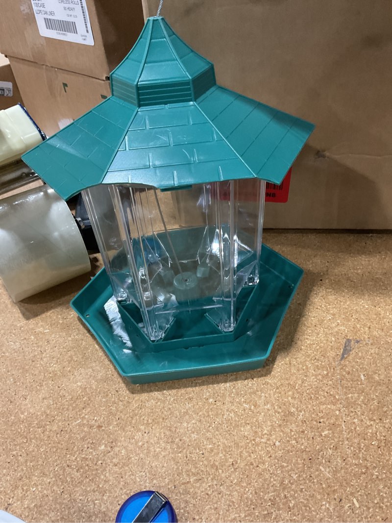 Condition photo showing As Is for hexagon house bird feeder - squirrel proof & 1000ml large capacity, auto-dispense seed for cardinals/finches, outdoor hanging with drain holes (one green) green 1