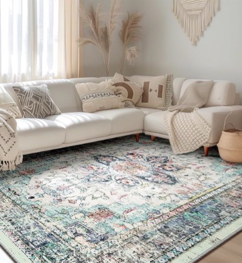 bestsweetie 8x10 area rug washable rugs for living room, no pile boho carpet for entryway bedroom dinning room, vintage carpet print distressed non-slip, 8 x 10 ft, multi navy teal