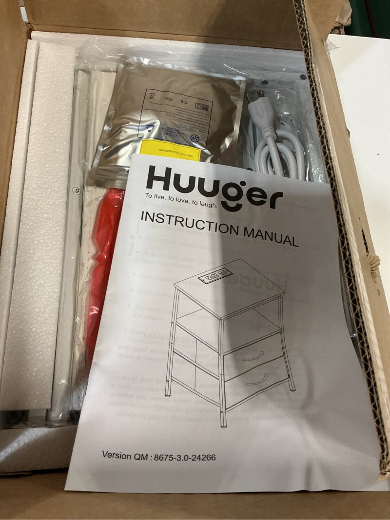 Condition photo showing New/Like New for huuger nightstand with charging station, side table with 2 fabric drawers, end table with open shelf, bedside table with usb-c port and outlets, night stand, pu leather, white 11.8"d x 15.7"w x 23.6"h (2 drawers) white 1