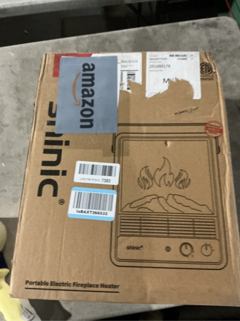 Condition photo showing Good Condition for Shinic Electric Fireplace Heaters for Indoor Use,1500W Space Heater with Crackling Sound & 3D Realistic Flame, Safety Protection, Mini Portable Fireplace Heater for Home Christmas Decoration, Walnut Walnut 11.8" x 5.9"× 14.6"