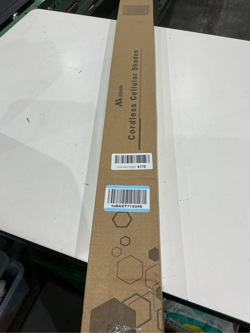 Condition photo showing New/Like New for allesin cordless blackout cellular shades, honeycomb blinds for windows, thermal insulated & noise dampening, room darkening window coverings for bedroom & nursery, gray, 36" w x 64" h gray-100% blackout 36"w x 64"h