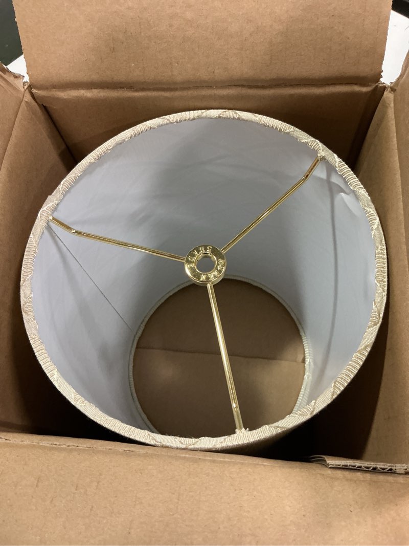 Condition photo showing Good Condition for Aspen Creative 31262 Transitional Drum (Cylinder) Shaped Spider Construction Lamp Shade in Tan, 8" wide (8" x 8" x 11")
