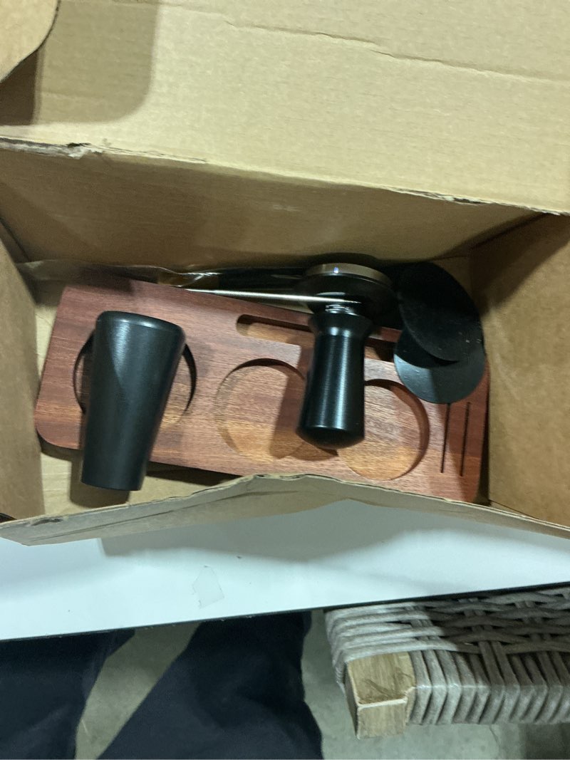 Condition photo showing As Is for 10pcs espresso accessories kit 51mm coffee tamper set with frothing pitcher | spring loaded calibrated tamper ?barista espresso machine wdt tool set,wood tamping station, 350ml milk frothing pitcher kit black/silver 51mm