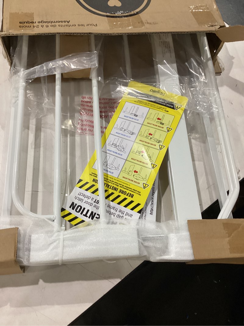 Condition photo showing Good Condition for regalo safety 29-38.5" baby gate for doorways & bottom of stairs, pressure mounted baby gate with door for babies, toddlers & pets, tested & safe for 30 years, american designed, american owned, white white 29-38.5"w x 30"h