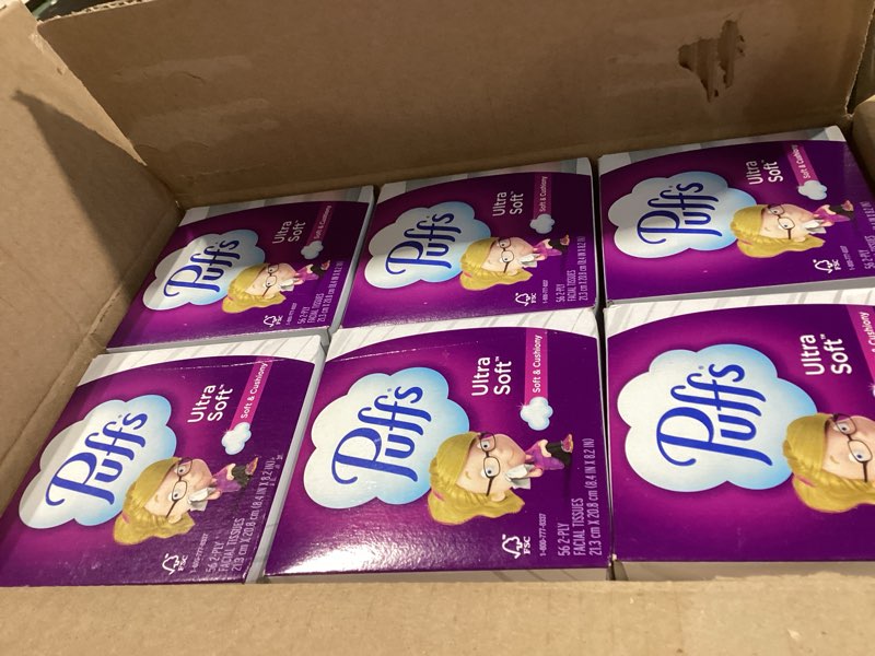 Condition photo showing Good Condition for puffs ultra soft facial tissue, 18 cubes, 56 tissues per box 56 count (pack of 18)