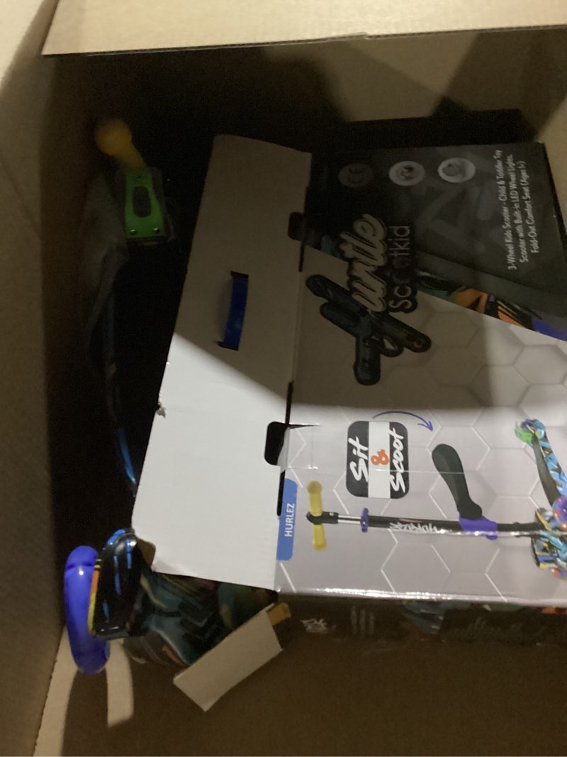 Condition photo showing New/Like New for hurtle 3-wheeled scooter for kids - wheel led lights, adjustable lean-to-steer handlebar, and foldable seat - sit or stand ride with brake for boys and girls ages 1-14 years old graffiti