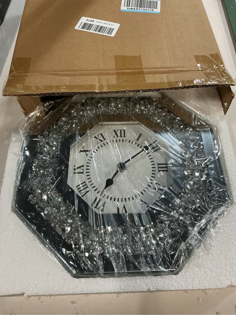 Condition photo showing New/Like New for Diamond Mirrored Round Large Wall Clocks for Living Room Decor, Silver Crystal Sparkle Twinkle Bling Diamond Glass Wall Clock Decorative for Bedrooms Home Office (Octagon)