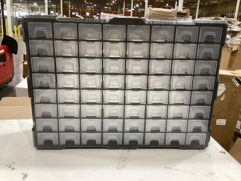 Condition photo showing New/Like New for akro-mils 64-drawer plastic drawer storage cabinet for garage organization, bead organizer, building bricks storage, teacher toolbox, makeup organizer, 20" w x 6" d x 16" h, 10164 black black 64 drawer 1 pack