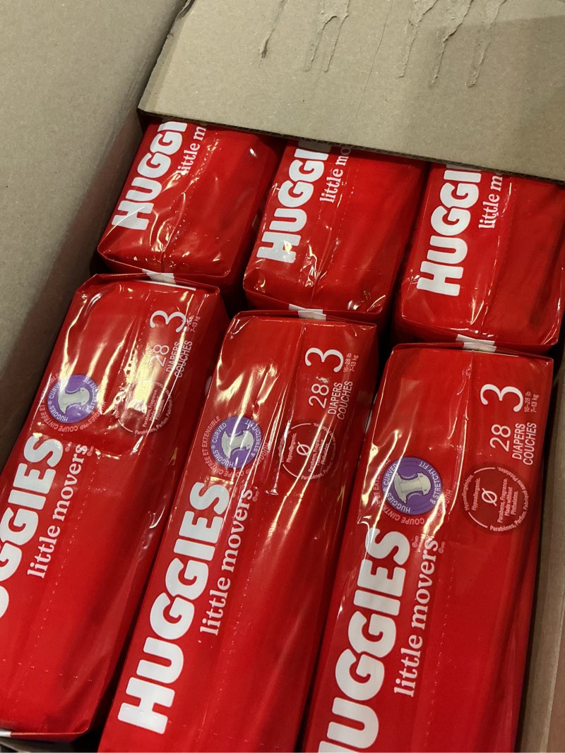 Condition photo showing New/Like New for huggies size 3 diapers, little movers baby diapers, size 3 (16-28 lbs), 168 count (6 packs of 28), packaging may vary